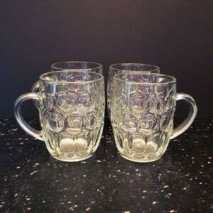 Barrel Shaped Clear Glass Beer Mugs Vintage Thumbprint Dimpled Glass Set of 4